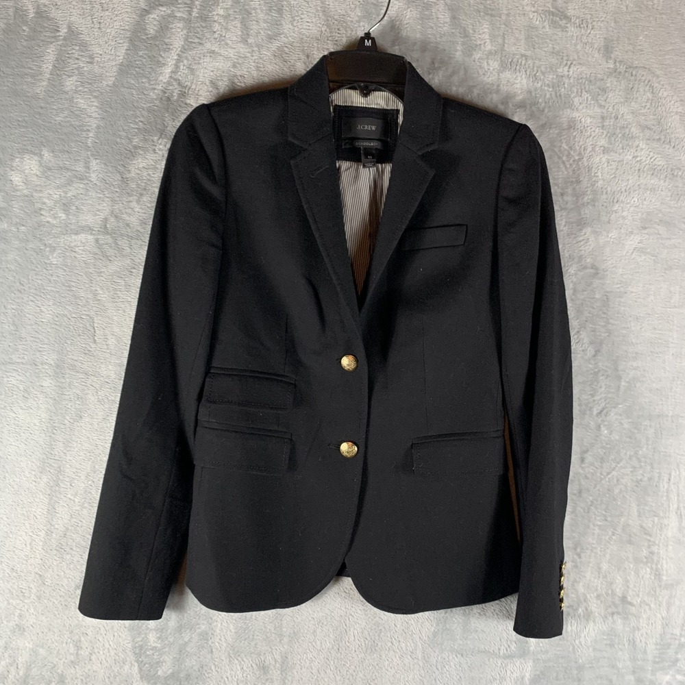 J Crew Womens Schoolboy Blazer Black Gold Buttons 00 Wool Academia Office Career